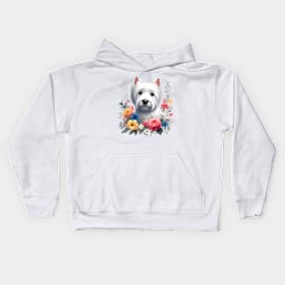 A west highland white terrier decorated with beautiful colorful flowers. Kids Hoodie